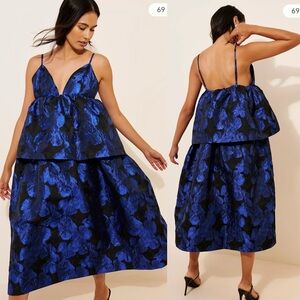 Anthropologie blue and black jacquard midi dress M